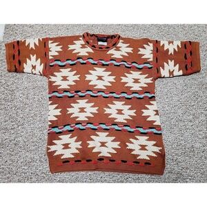 Country Shop Short Sleeve Sweater Aztec Southwest M/L Hong Kong Brown Cream